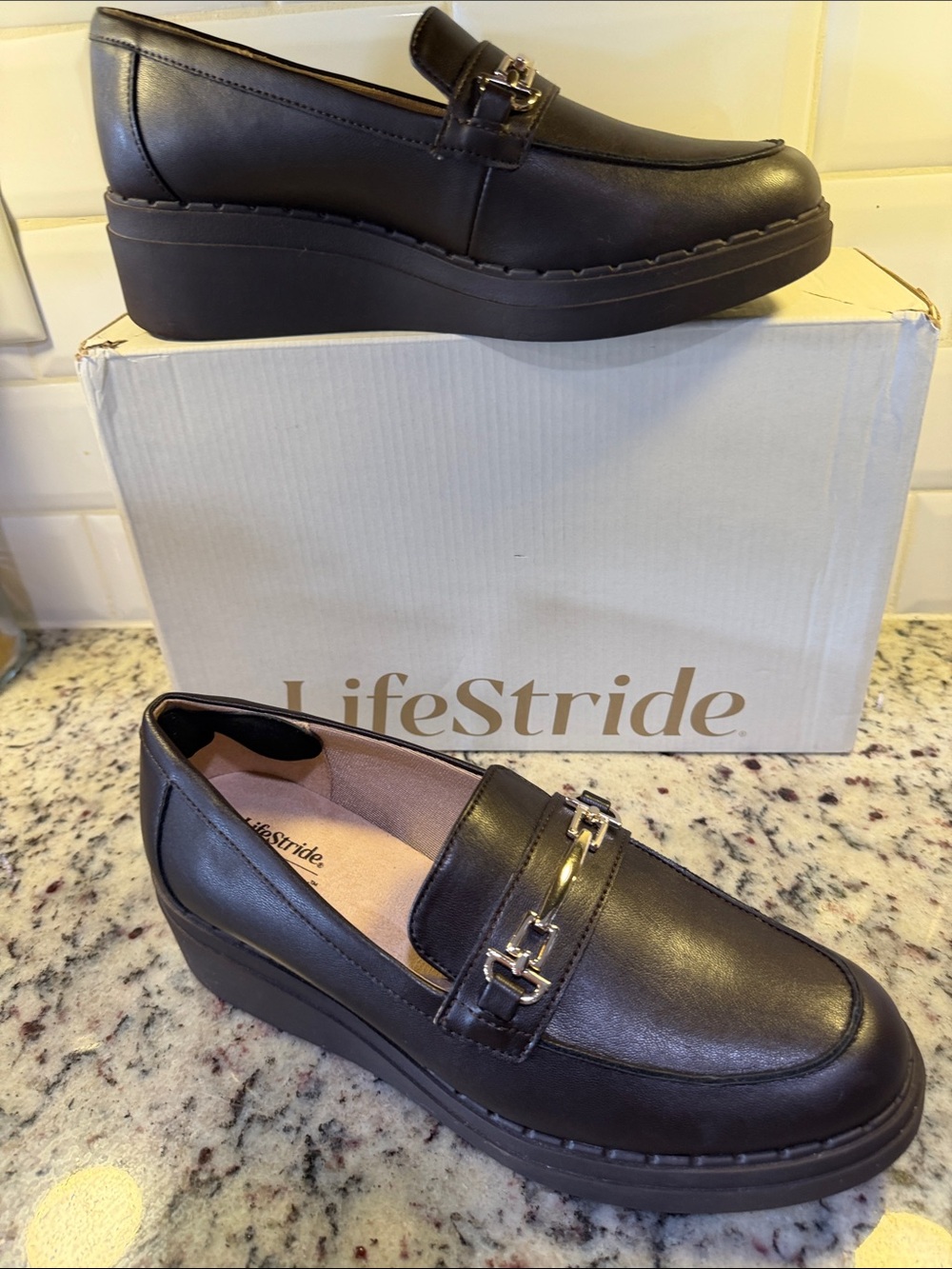 Life Stride Black Platform Slip-On Loafers with Metal Bit